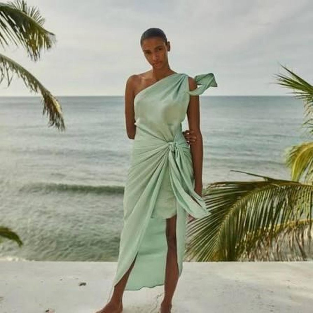 Baobab Green Marea Satin One Shoulder Wrap Midi Maxi